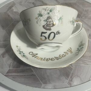 Vintage Lefton China 50th Anniversary Teacup & Saucer Set Gold Trim Japan
